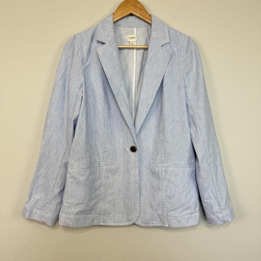 J Crew Blazer Women's 6 Blue Striped Seersucker Linen Blend Lightweight Relaxed